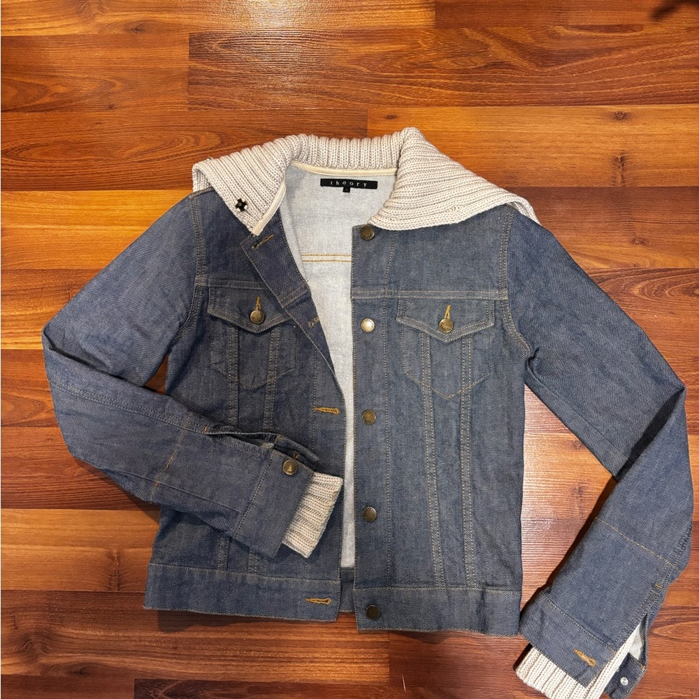 Theory Beige Denim Jacket with Knit Collar
